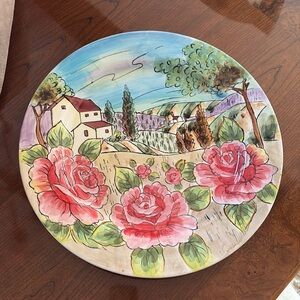 Hand-Painted Floral roses Landscape large platter / plate for use or display